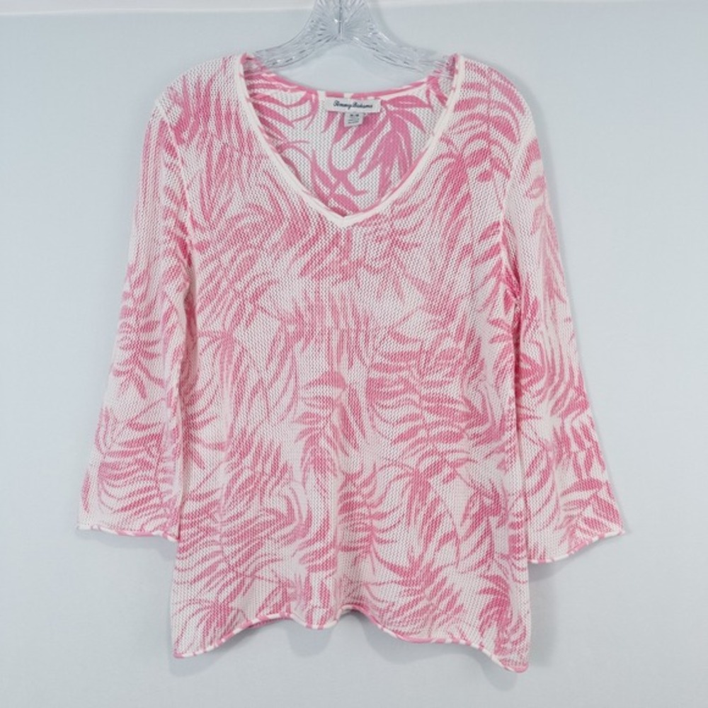 Tommy Bahama Palm Fronds Cotton Mesh Knit V Neck Top Womens Medium Beach Resort